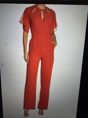 Reiss Orange Red Keyhole Jumpsuit with Flutter Sleeves